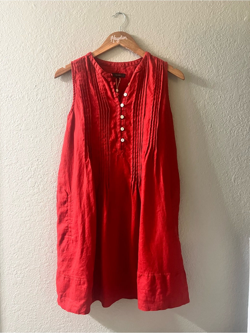 Quince Red Sleeveless Pintuck Henley Tunic Dress
